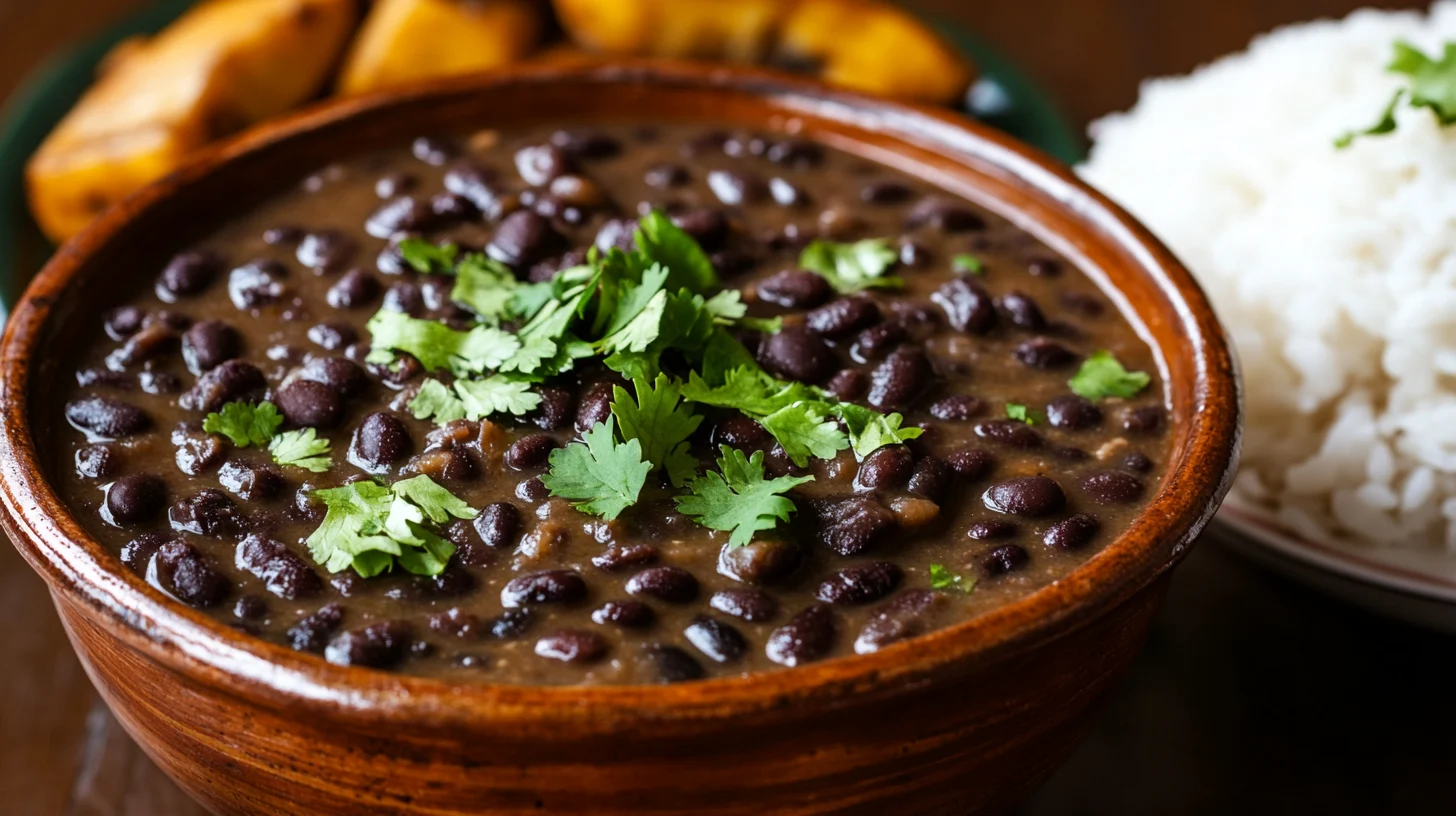 A beautifully styled bowl of Cuban black beans garnished