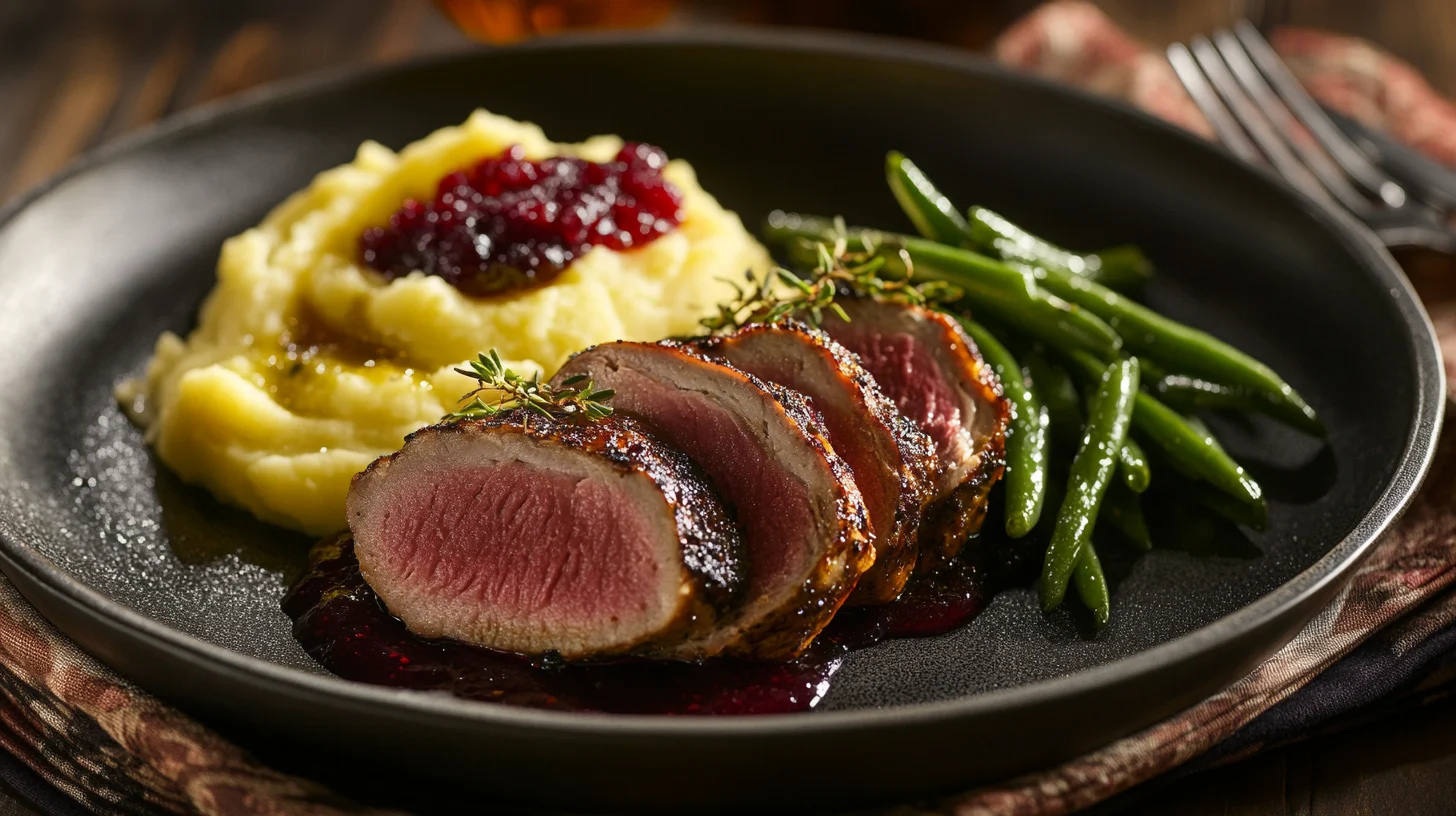 Side view of a fully prepared meal featuring turkey tenderloin slices served alongside mashed potatoes, cranberry sauce, and steamed green beans, styled on an elegant plate with festive napkins and warm lighting to enhance the presentation