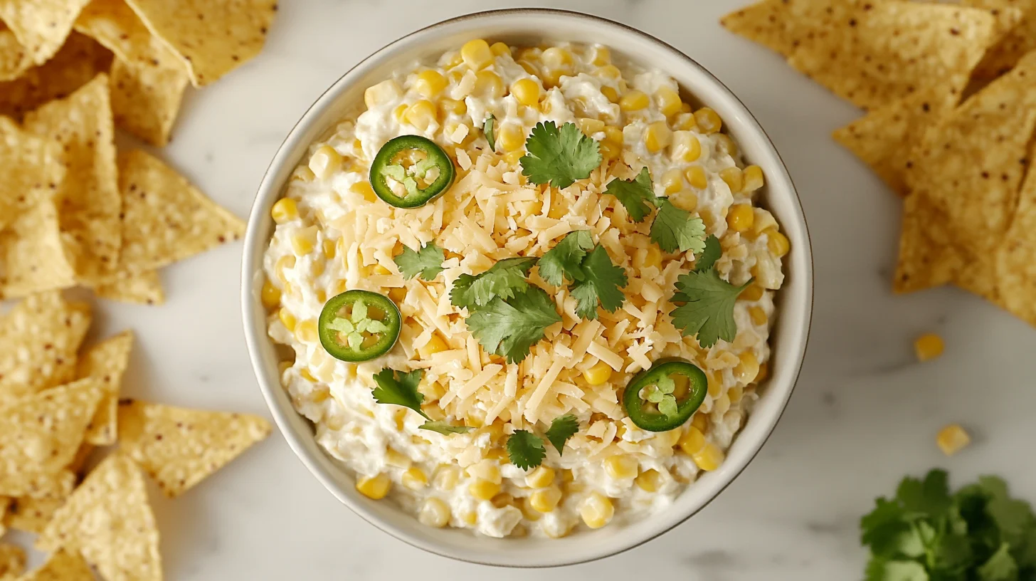 Top view of creamy corn dip garnished with cheese and cilantro