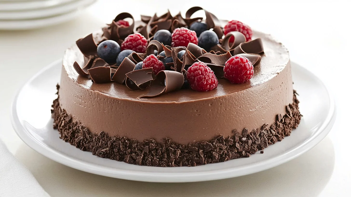 Whole chocolate cheesecake decorated with berries and chocolate curls.