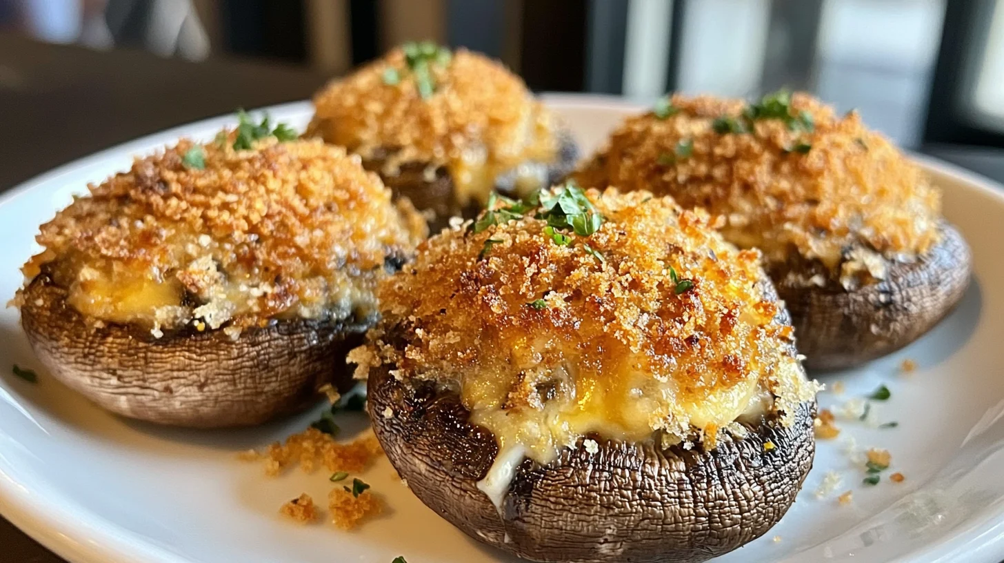 Close-up of stuffed mushrooms with breadcrumbs