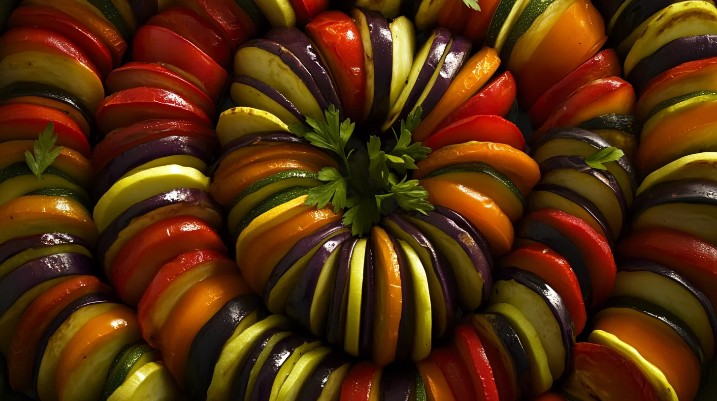 Top view of Ratatouille with colorful vegetables.