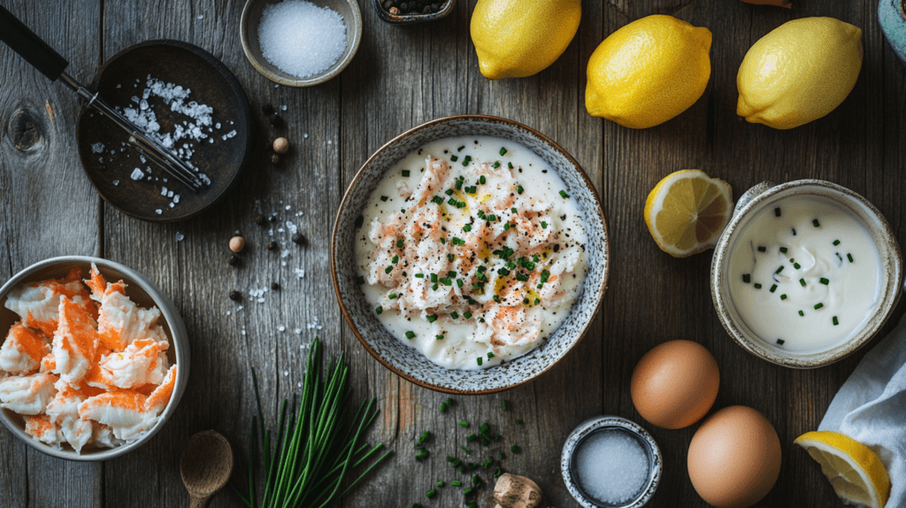 Flat lay of crab brulee ingredients on rustic kitchen counter
