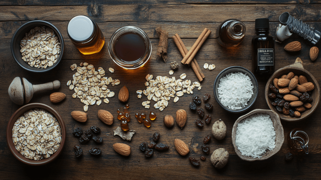 Flat lay of granola ingredients on rustic wooden table