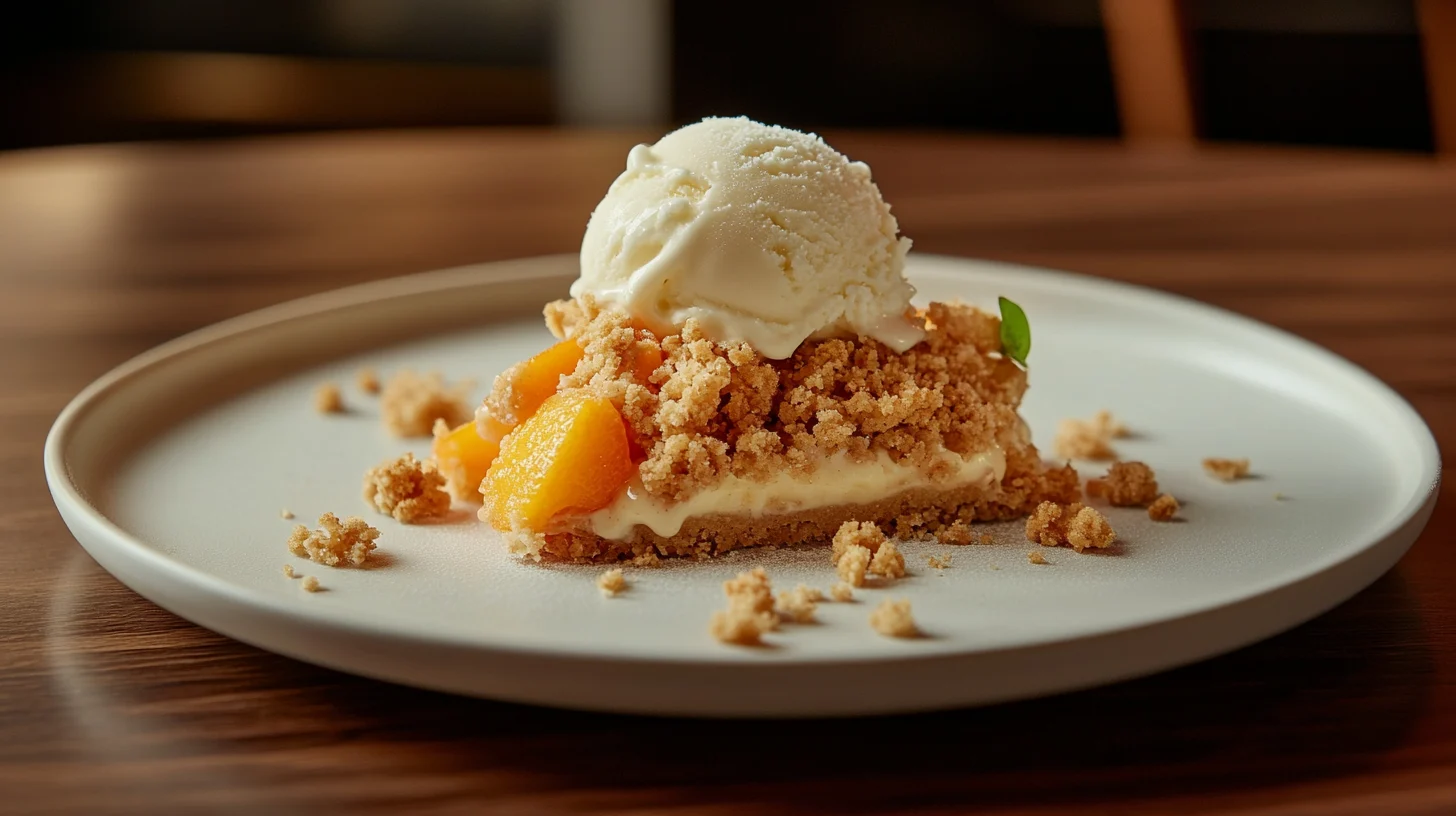 Plate of peach crumble with vanilla ice cream on top