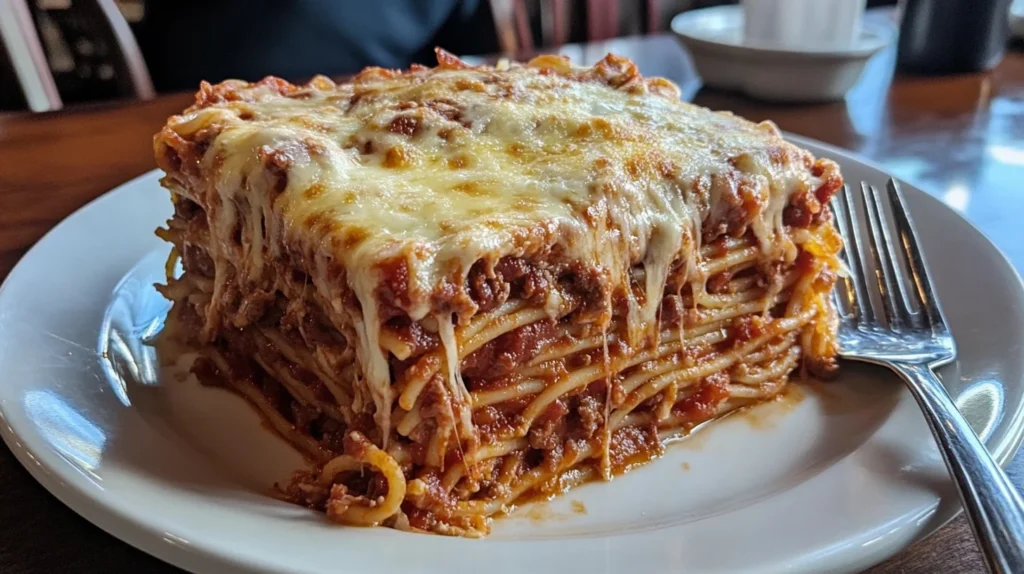 Slice of Million Dollar Spaghetti on a plate with visible layers.