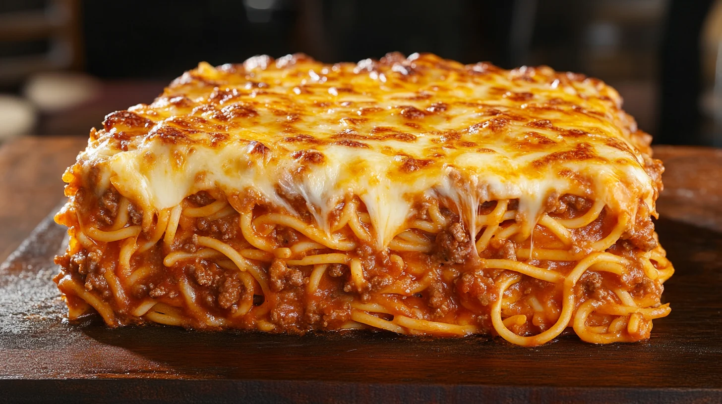 Side view of Million Dollar Spaghetti casserole with cheese topping.
