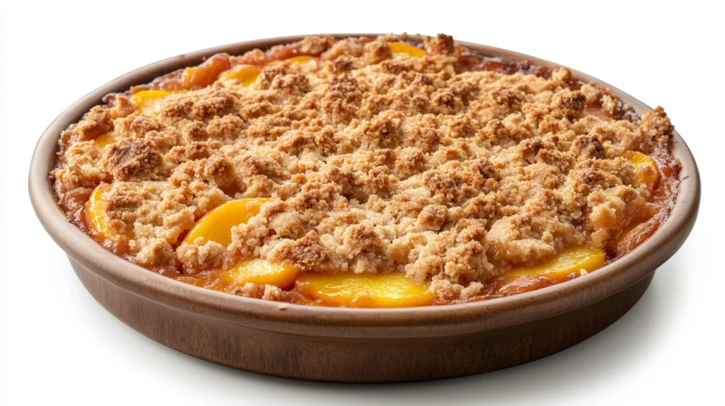 Side view of peach crumble with golden-brown topping.