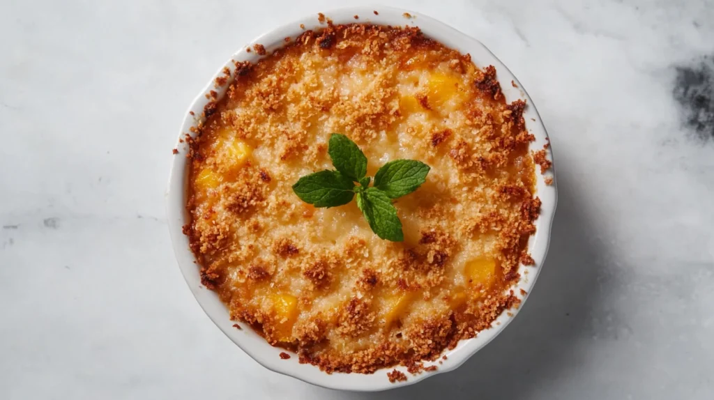 Top view of peach crumble in a ceramic dish with crispy topping.