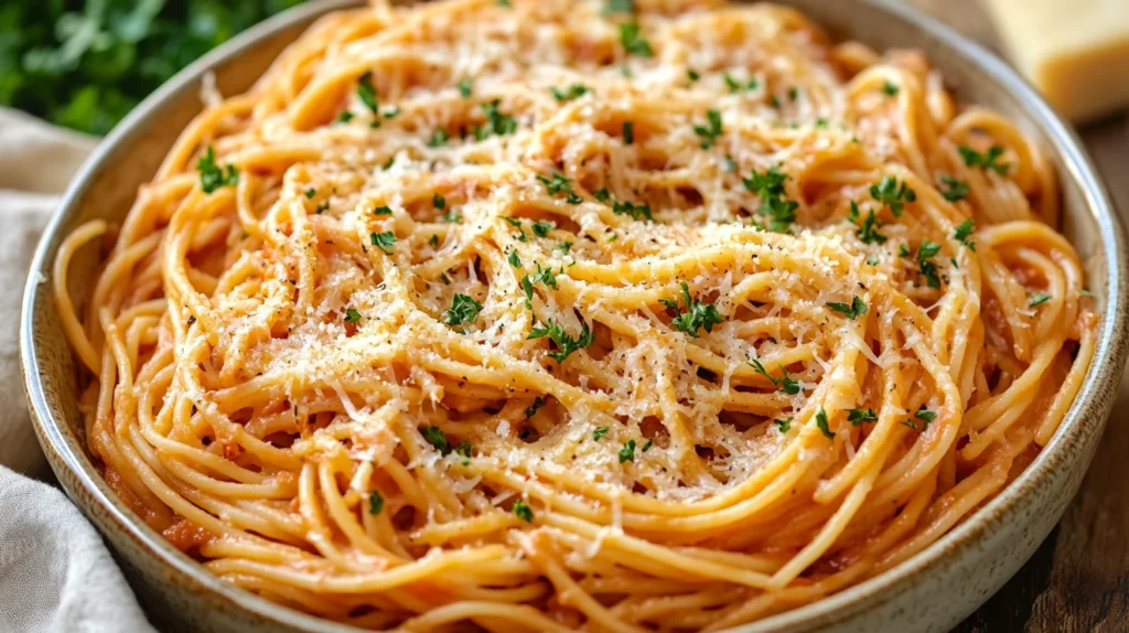 Top view of Million Dollar Spaghetti with golden cheese crust.