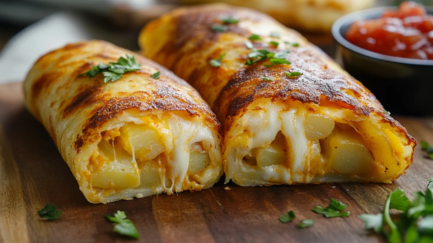 Side view of cheesy potato burritos with sour cream and green onions.