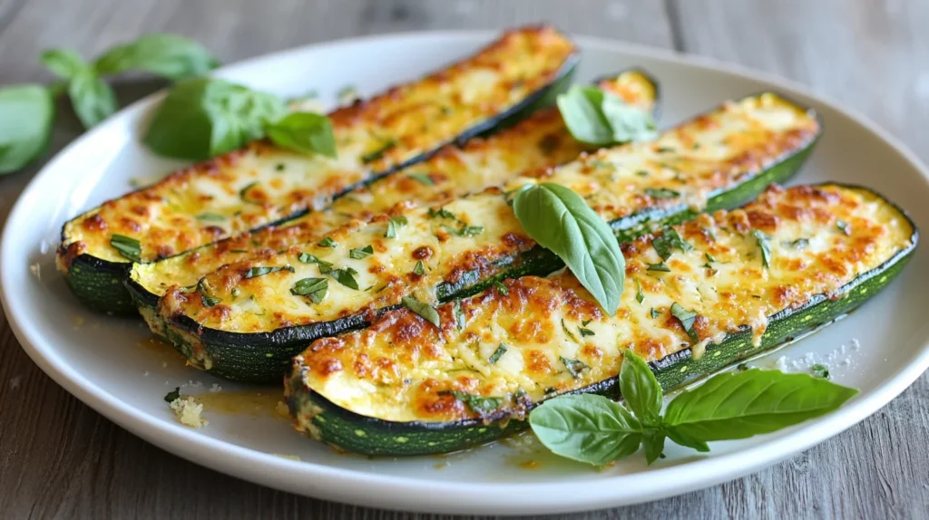 Side view of cheesy garlic zucchini steaks with basil garnish.