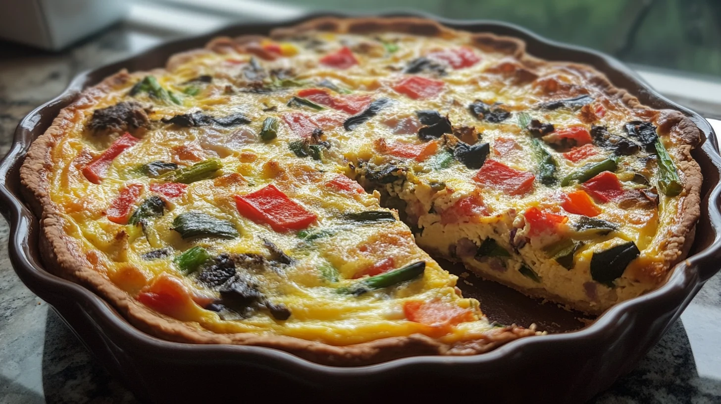Side view of golden tortilla quiche with colorful filling