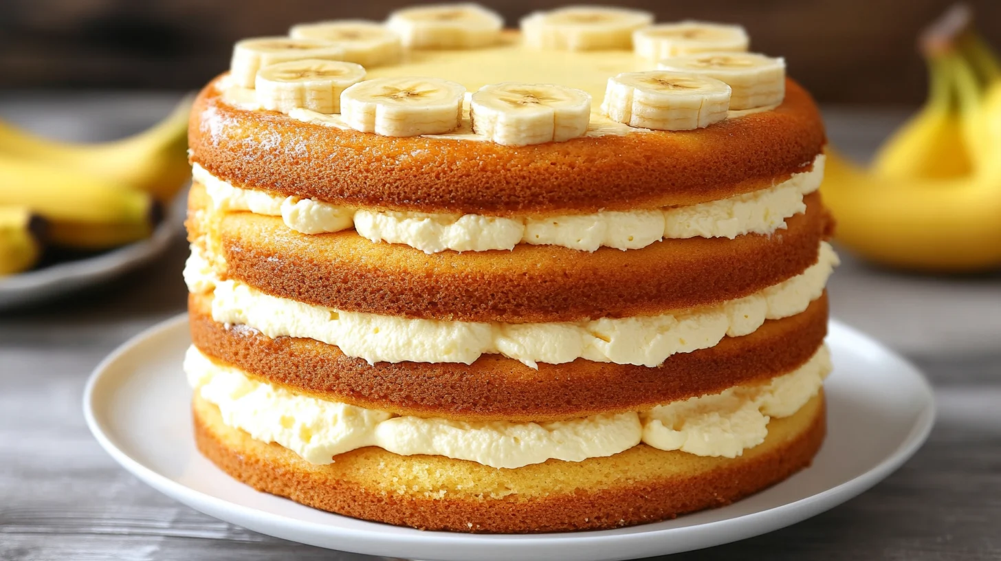 Side view of a banana cream cake with golden layers and creamy filling