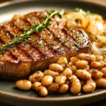 Seared steak with caramelized onions and beans, side view.