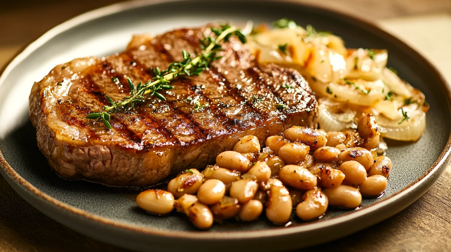 Seared steak with caramelized onions and beans, side view.