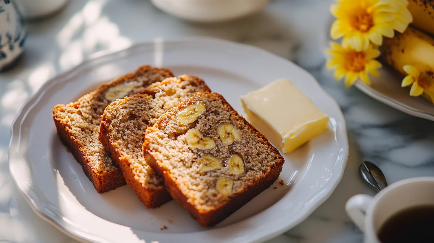 Banana bread slices with butter and honey served on a plate.