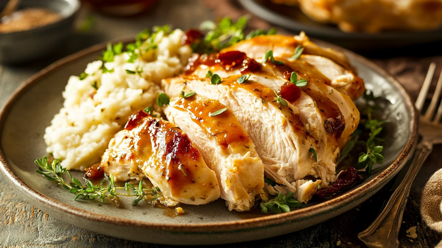 Plate of chicken dressing with garnish, side view.