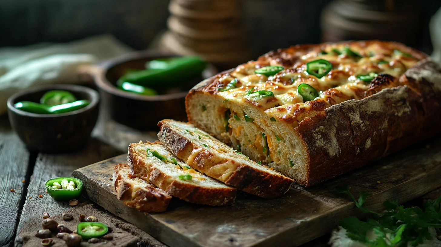 egan jalapeno cheese artisan bread with fresh jalapenos, side view.