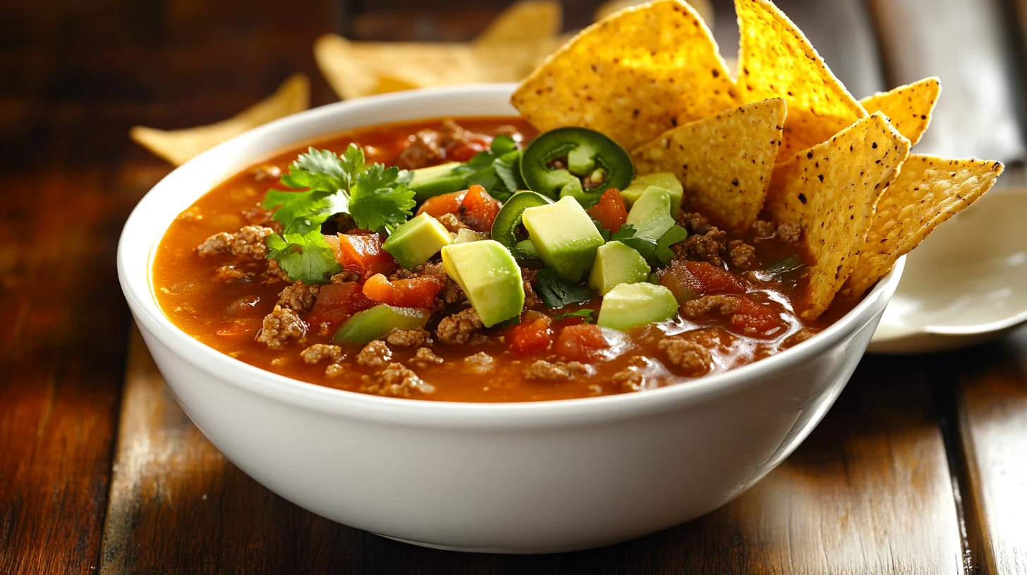 Bowl of taco soup with shredded cheese, sour cream, and cilantro