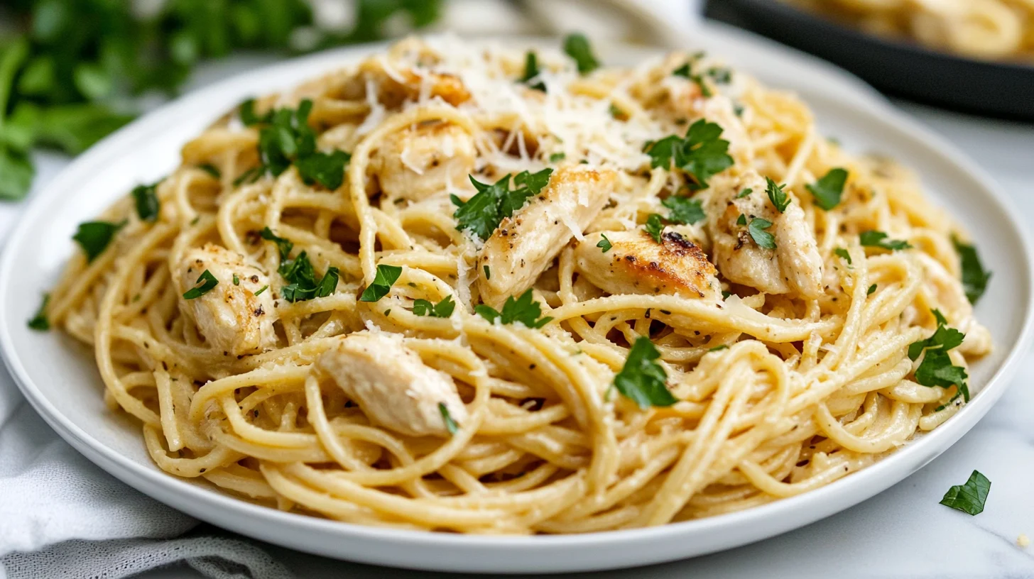 Garlic parmesan chicken pasta on a plate.