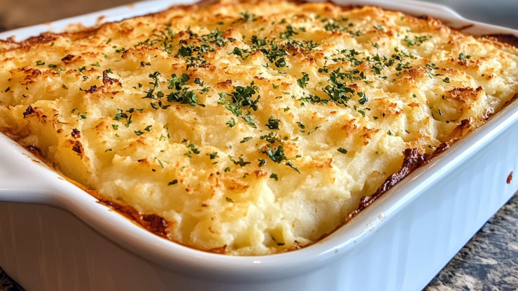 Golden-topped Chicken Shepherd's Pie in a rustic baking dish.
