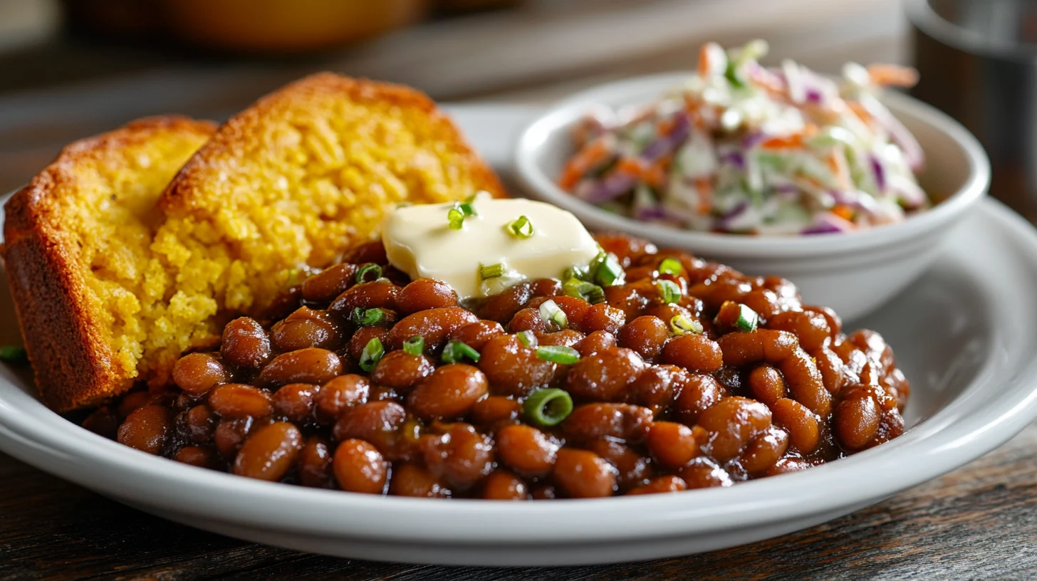 Baked beans with cornbread and coleslaw on a plate.