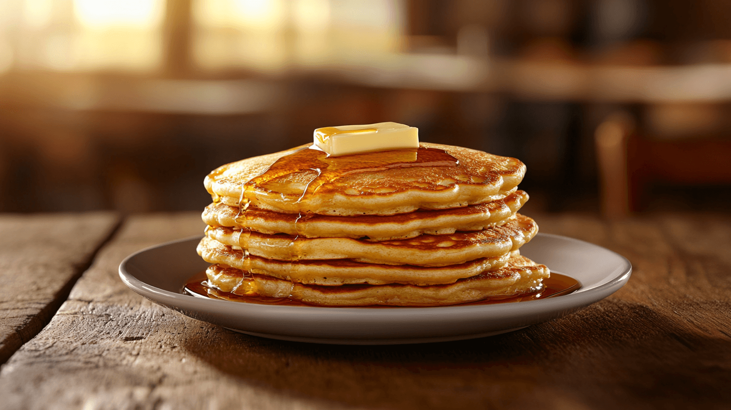 Stack of fluffy pancakes with butter and maple syrup.