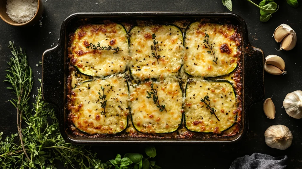 Golden cheesy zucchini steaks on a baking sheet with herbs.