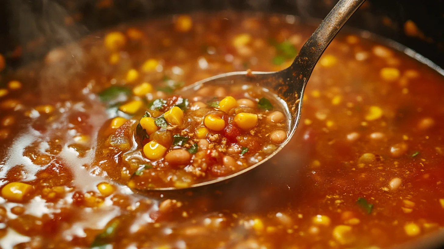 Close-up of taco soup frios in a ladle, showing beans and corn.
