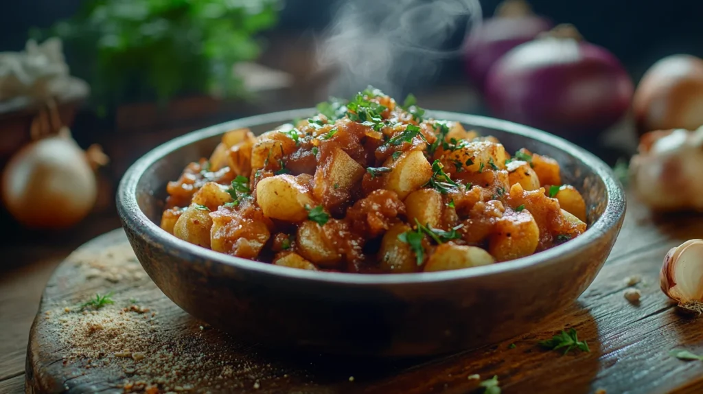 Side view of fried potatoes and onions in a skillet.