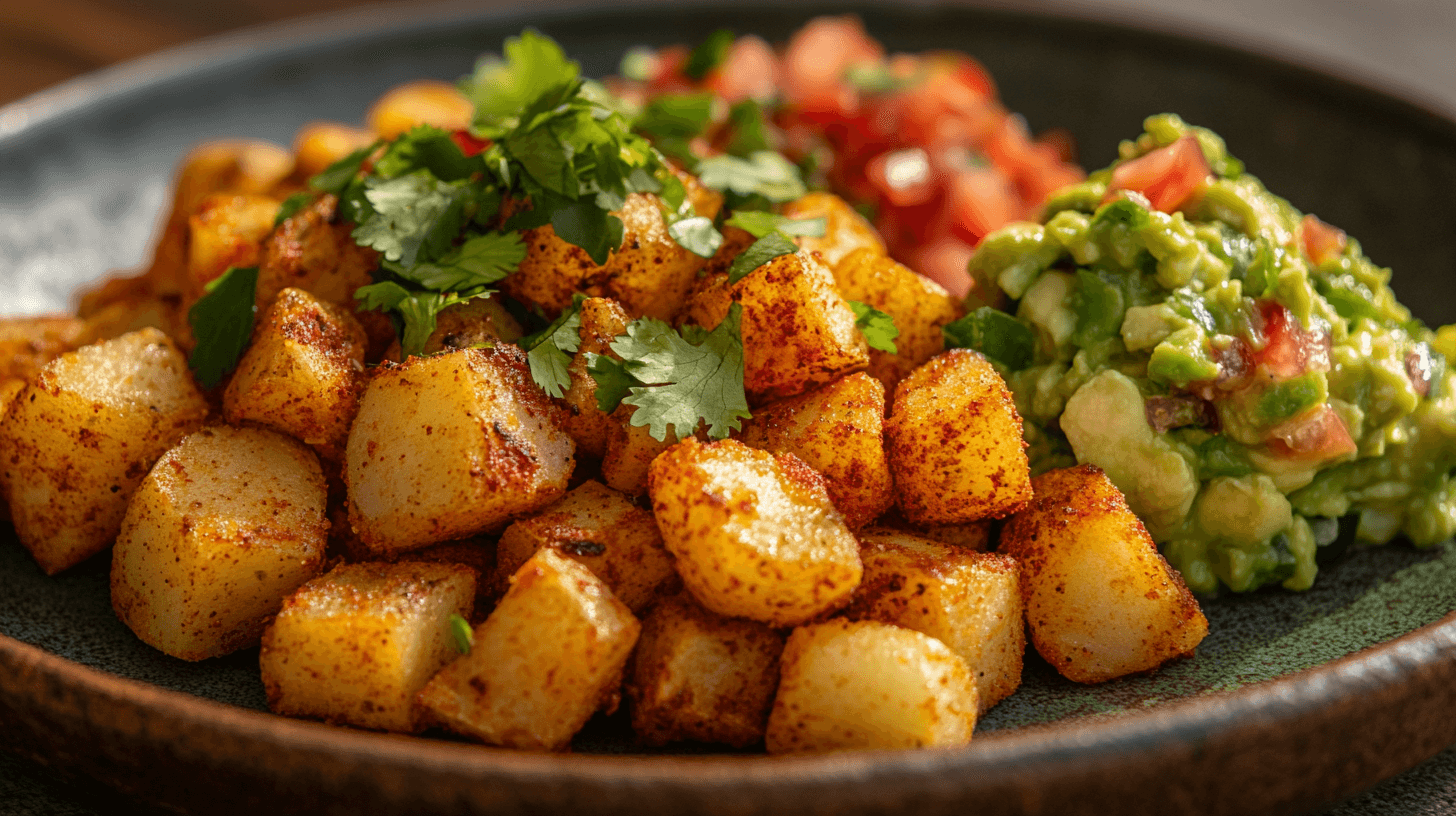 ide view of crispy Mexican potatoes with toppings