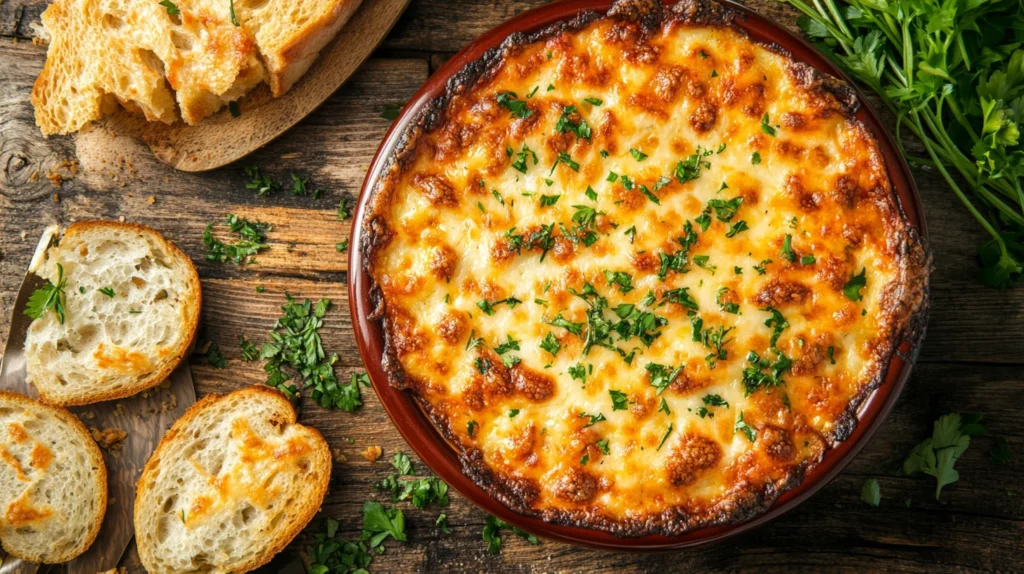 Overhead view of cheesy white bean tomato bake with garlic bread