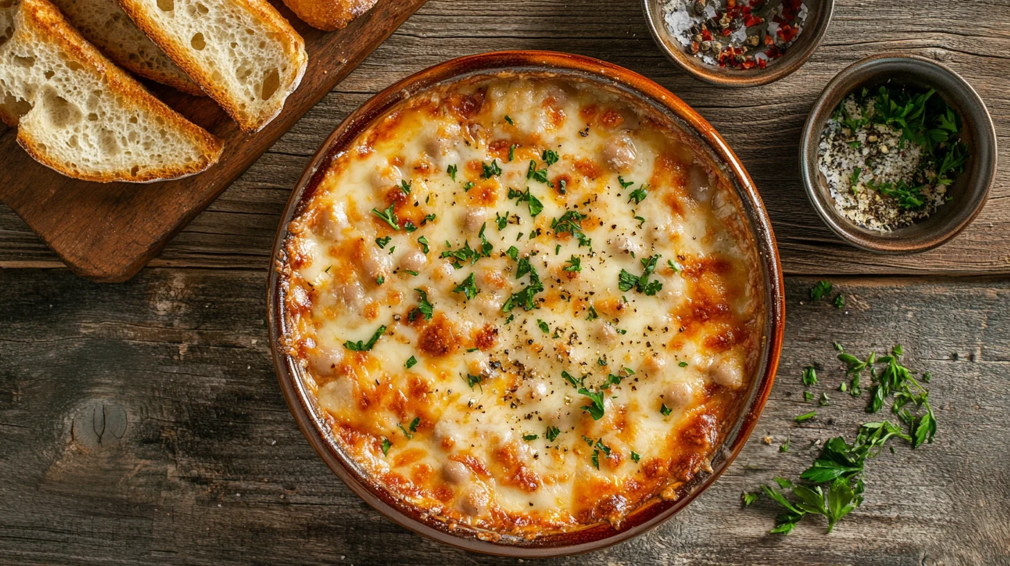 Overhead view of cheesy white bean tomato bake with garlic bread.