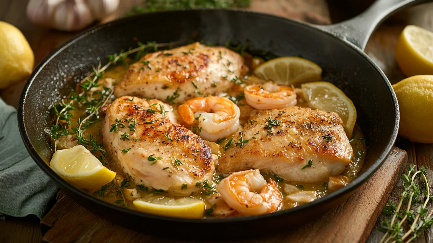 Serving scene of chicken and shrimp in a skillet