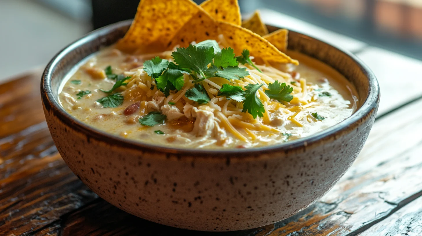 Bowl of white chicken chili with garnishes.