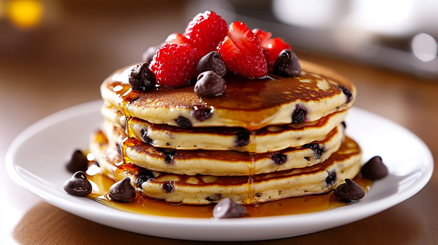 Side view of chocolate chip pancakes with syrup and berries.