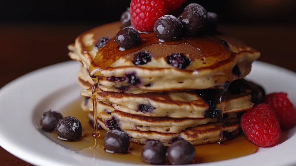Side view of chocolate chip pancakes with syrup and berries
