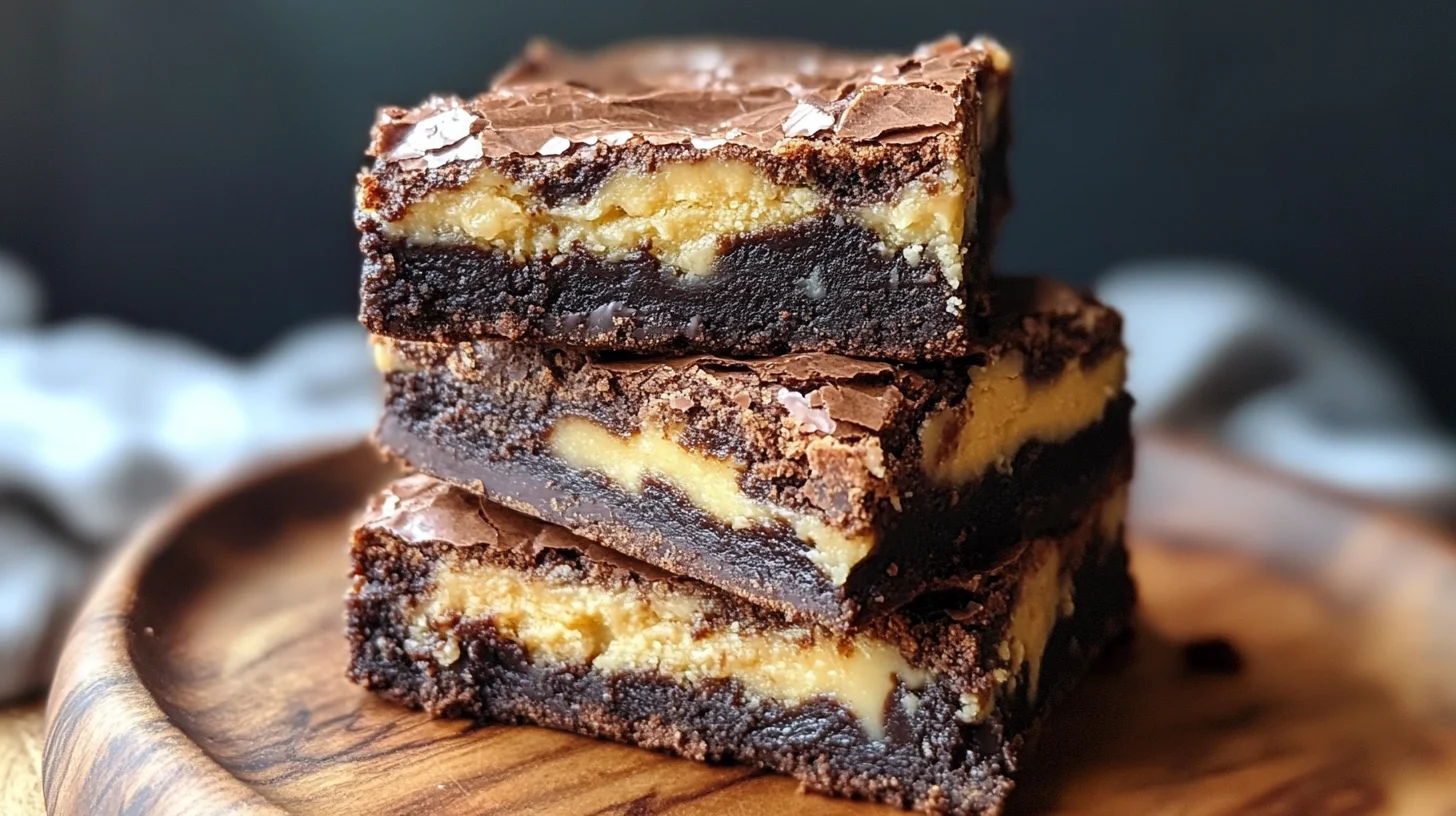 Side view of stacked fudgy brownies with a crackly top.