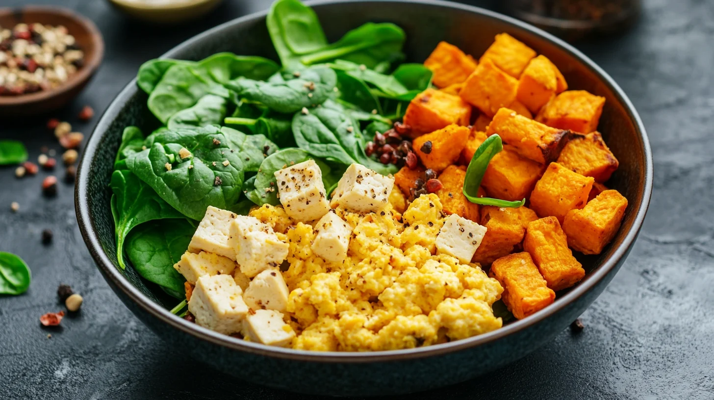 Vegan high protein breakfast bowl with tofu and sweet potatoes
