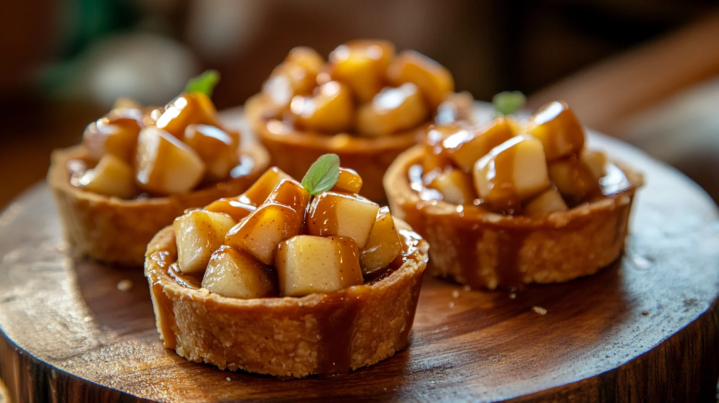 Side view of caramel apple tartlets with golden crust and apple filling