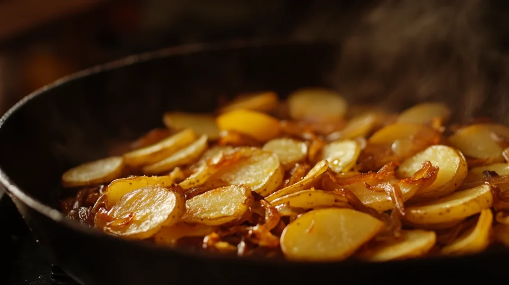 Rustic bowl of fried potatoes and onions with garnishes.