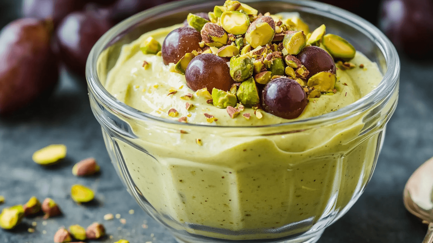 Side view of pistachio pudding with grapes in a glass bowl