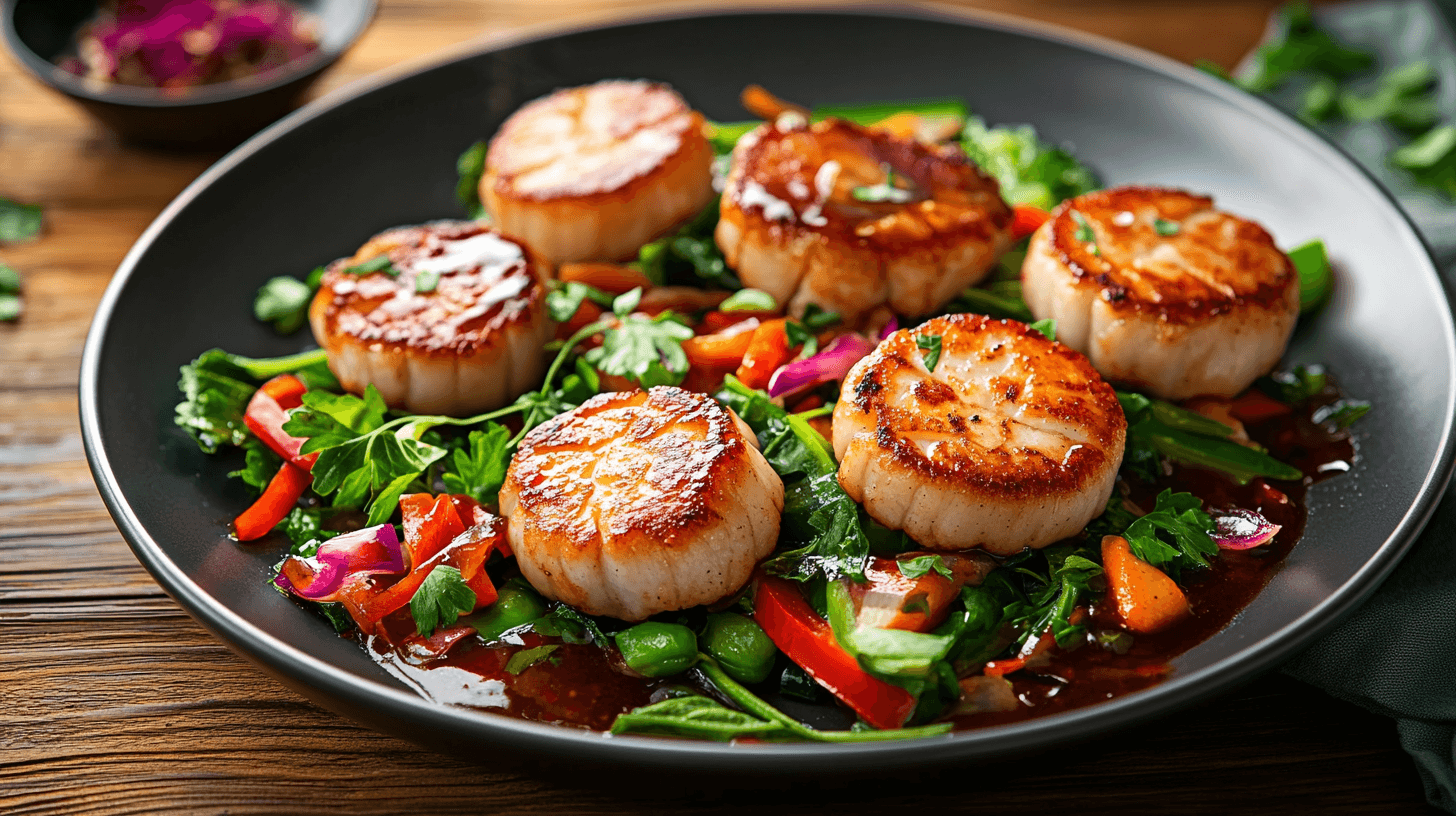 Fishcakes and scallops stir fry plated with vegetables