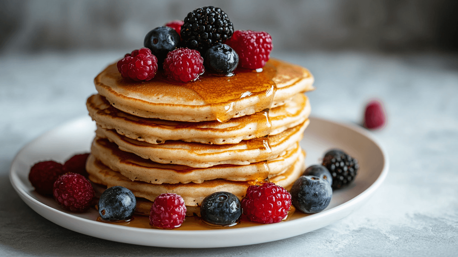 Stack of fluffy low-calorie pancakes with berries.