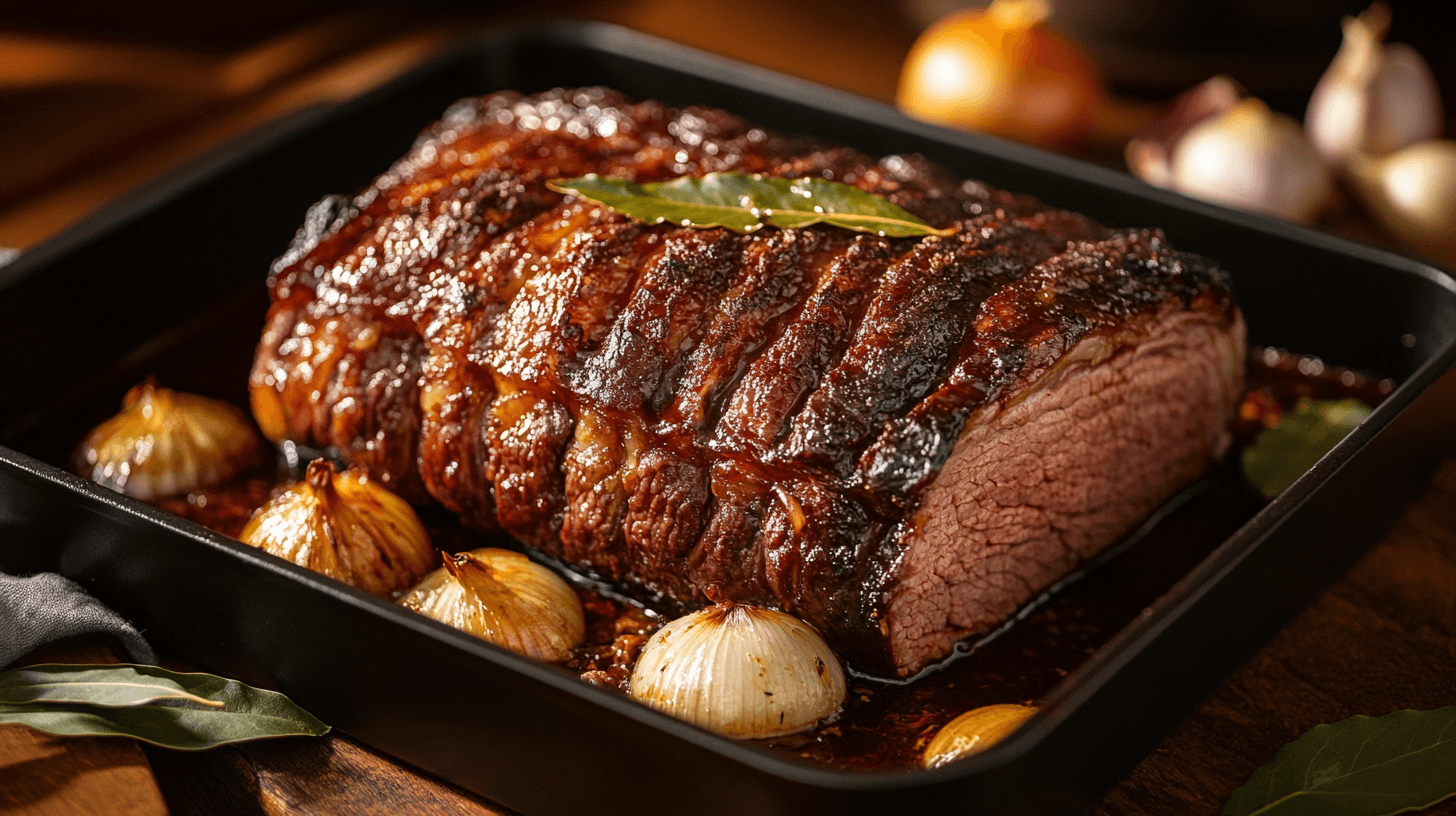 Sliced braised corned beef brisket on a wooden board